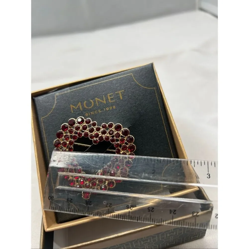 Vintage Monet Red Rhinestone Heart Brooch New in Original Box
